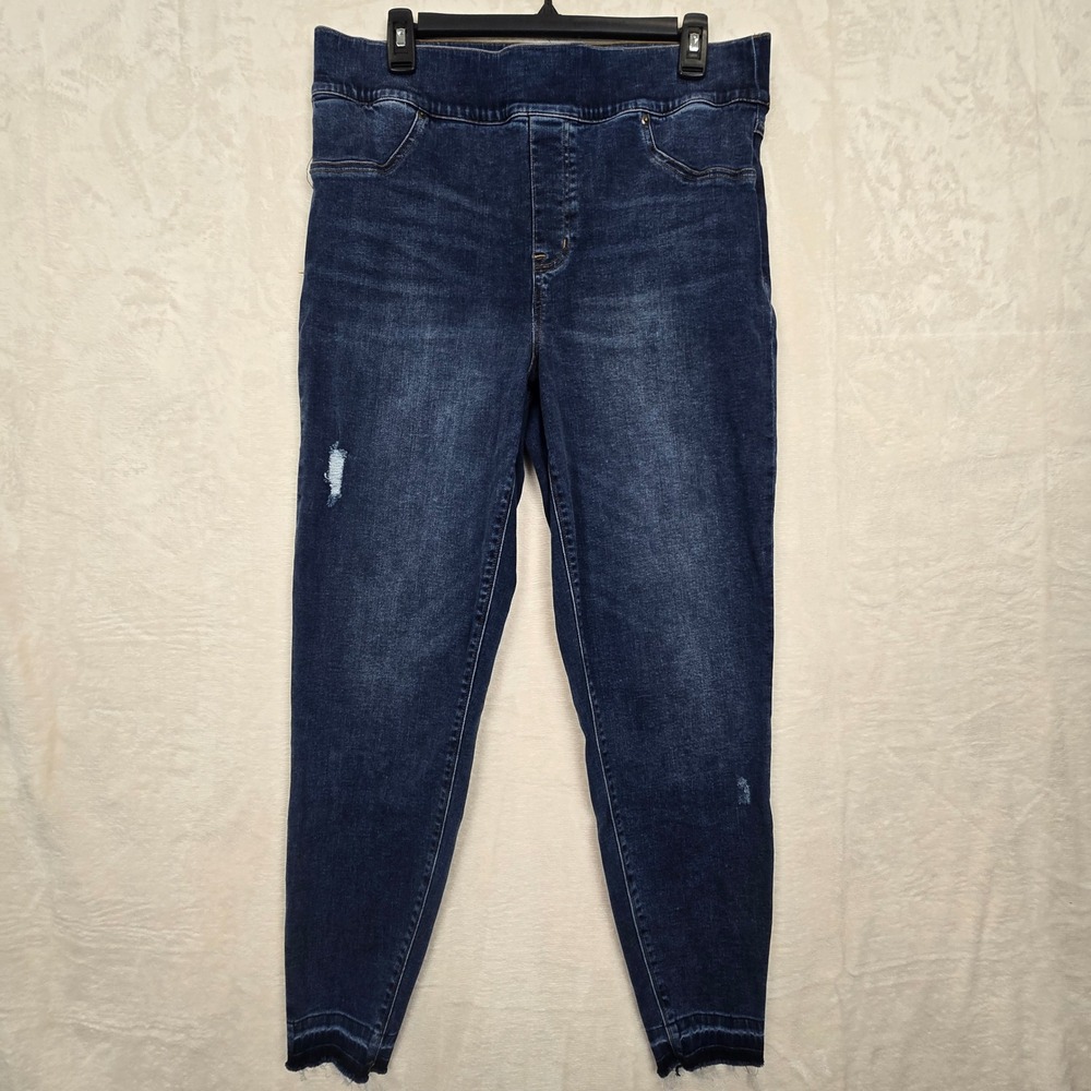 Spanx Ankle Skinny Jeans Womens 1X Dark Wash Distressed Raw‎ Hem Pull On 20203P